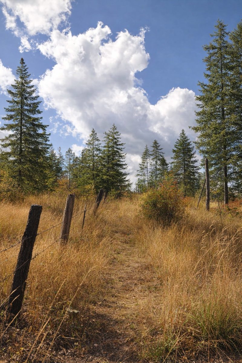 Hiking trail through golden summer grass beside an old fence line and firs in the lower 80 acres