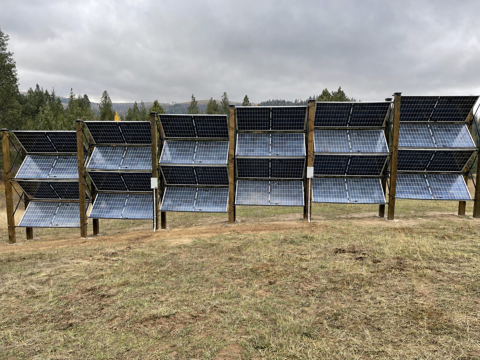 Six freestanding bifacial photovoltaic towers on the estate, angled panels above a forested ridgeline