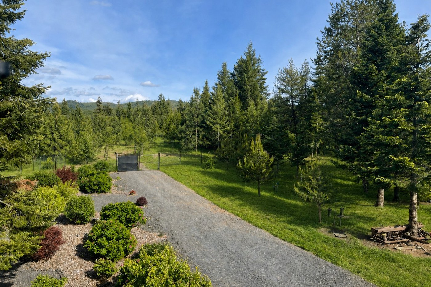 Front porch view east over the primary approach through maturing forest and landscaped beds, in spring
