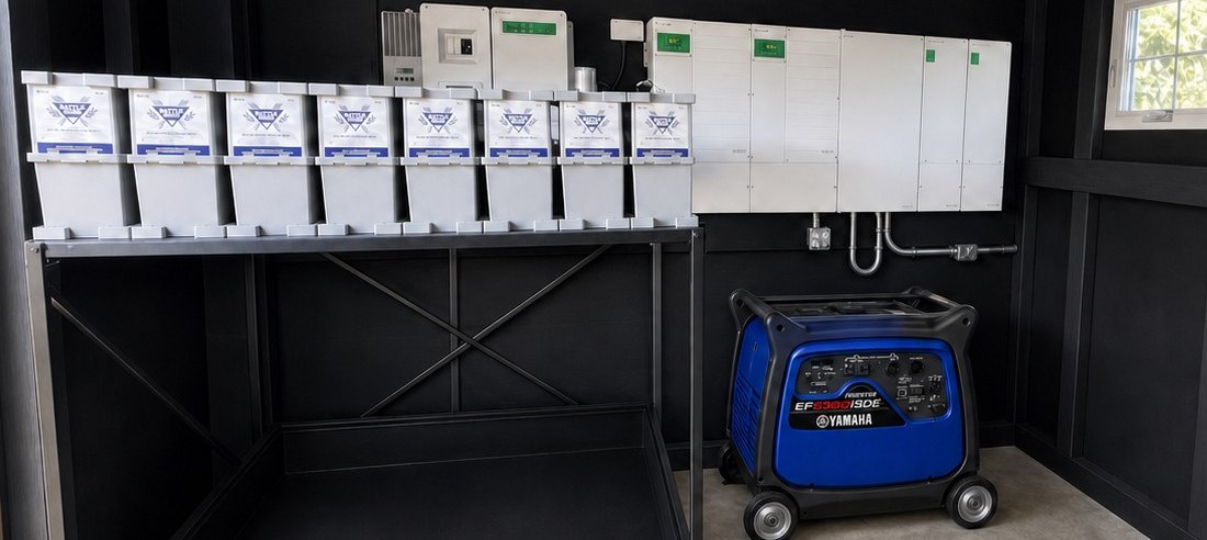 Yamaha EF6300iSDE propane inverter generator installed in the estate's photovoltaic hut
